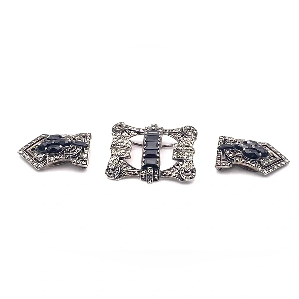 Vintage Art Deco Convertible Sterling Brooch Duette Dress Clip Set Black Crystal